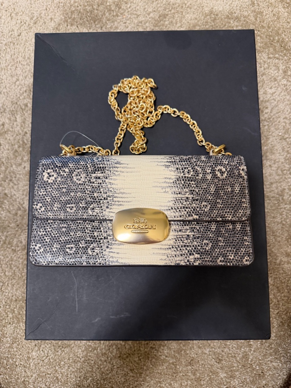 Coach Snake-Effect Crossbody Bag in Black and Cream with Gold Hardware